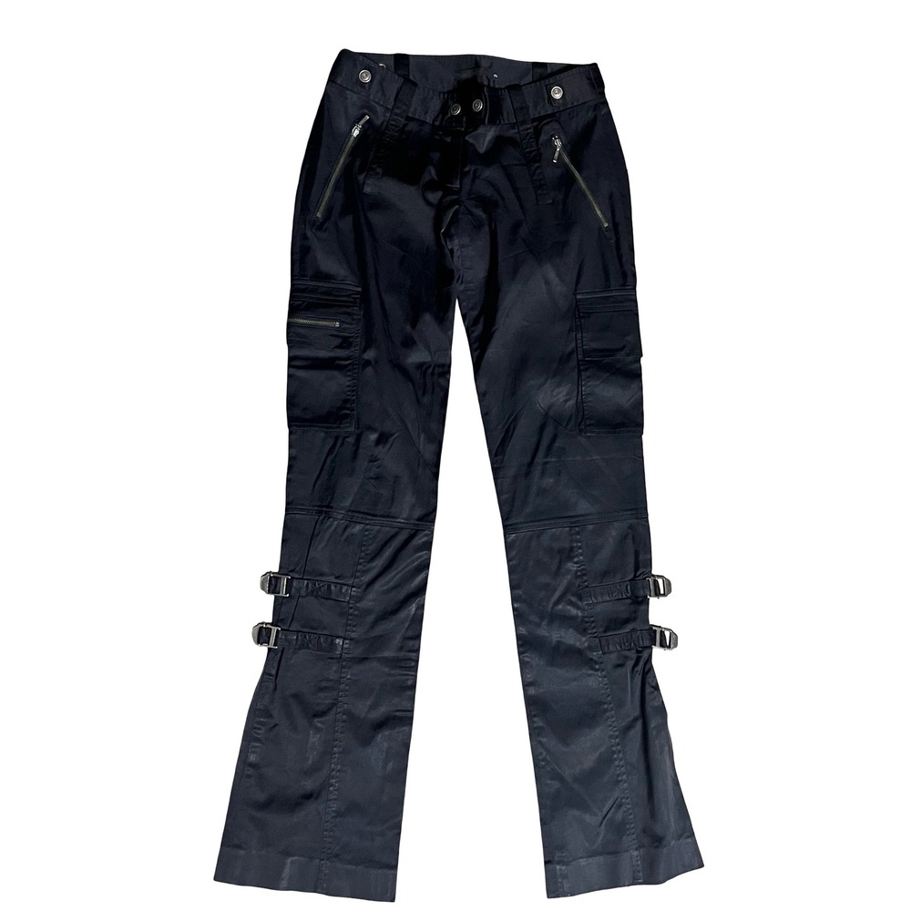 Guess Collection Womens Black Satin Cargo Bondage Pants Buckle Strap Size 2 Y2K